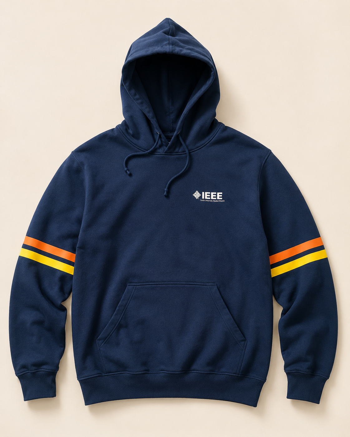 Front of IEEE Curtin University Student Branch navy committee hoodie with chest print and sleeve stripes