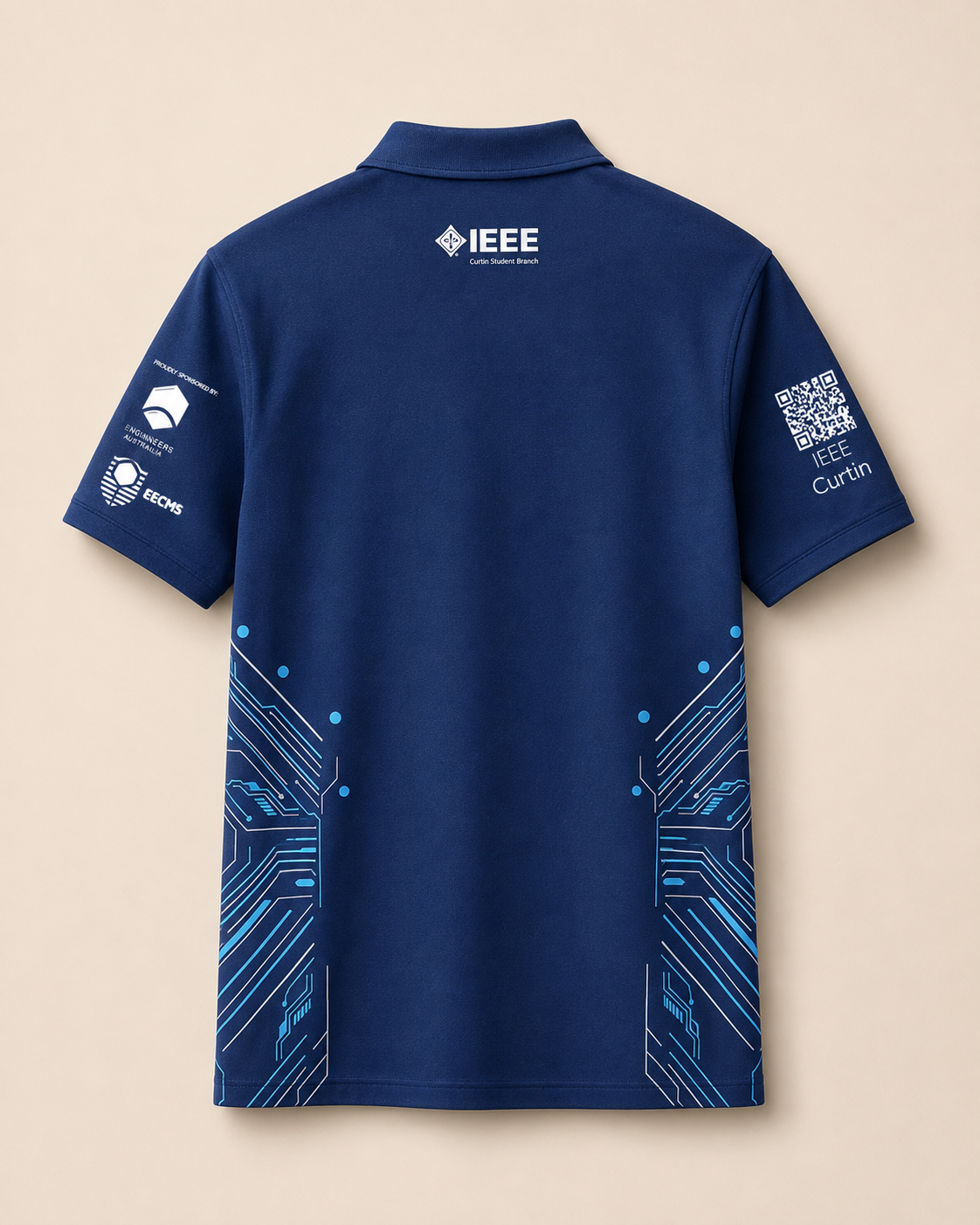 Back of IEEE Curtin University Student Branch navy committee polo with screen-printed logo, sleeves and circuit graphics