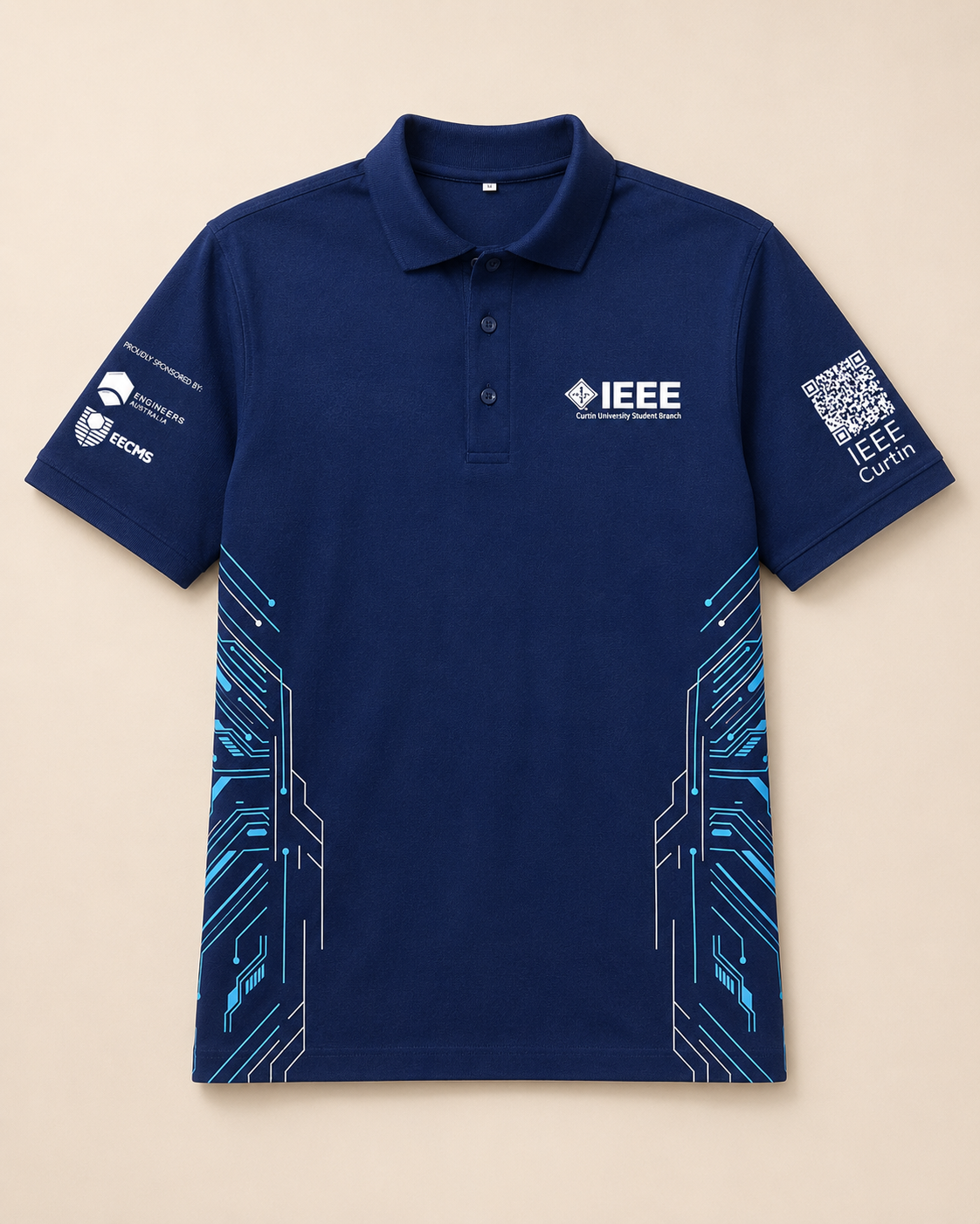 Front of IEEE Curtin University Student Branch navy committee polo with screen-printed logos and circuit graphics