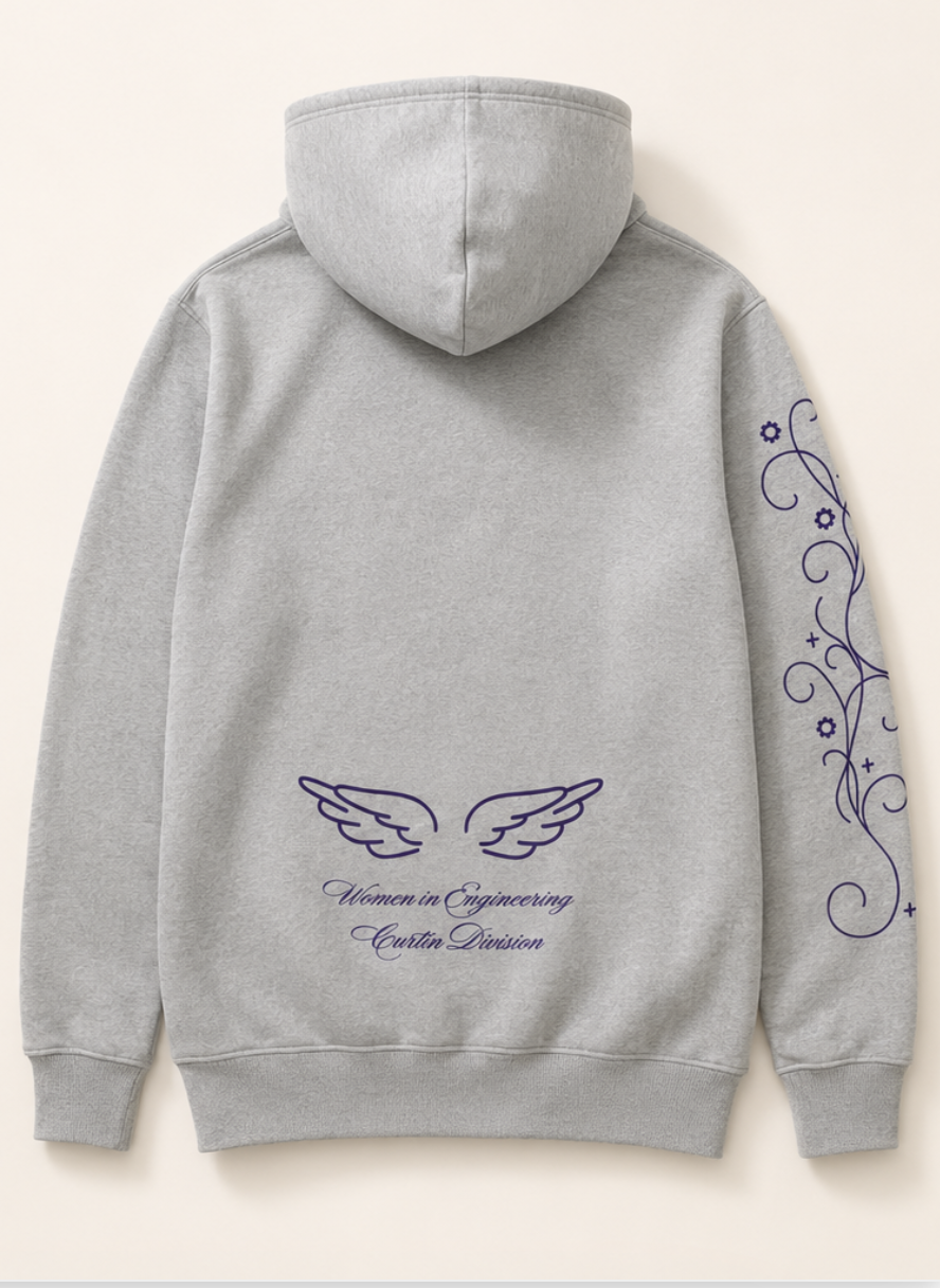 Back of the WiECD silver grey committee hoodie with custom sleeve and back print
