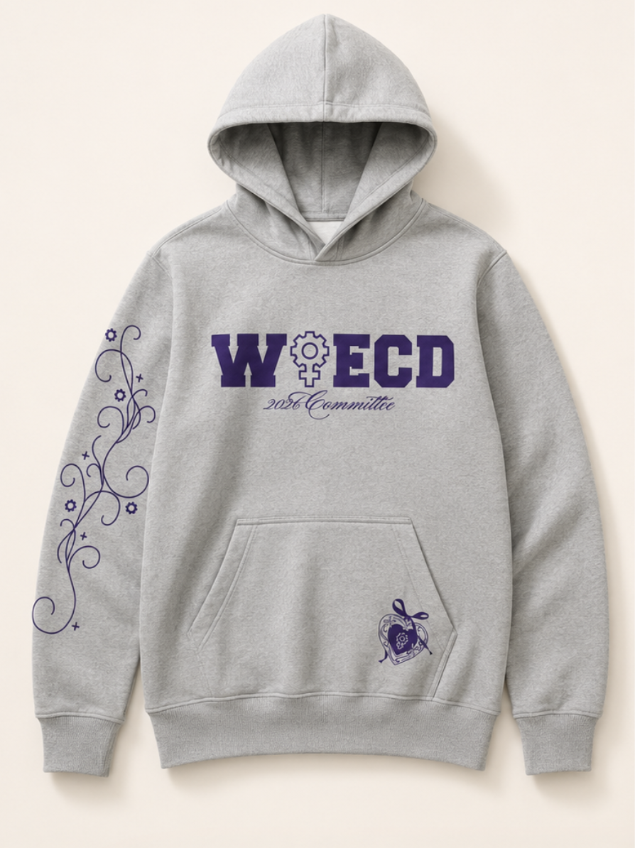 Front of the WiECD silver grey committee hoodie with custom chest, sleeve and pocket print